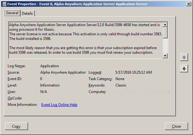 Windows Application Event for an Expired Alpha Anywhere Application Server license